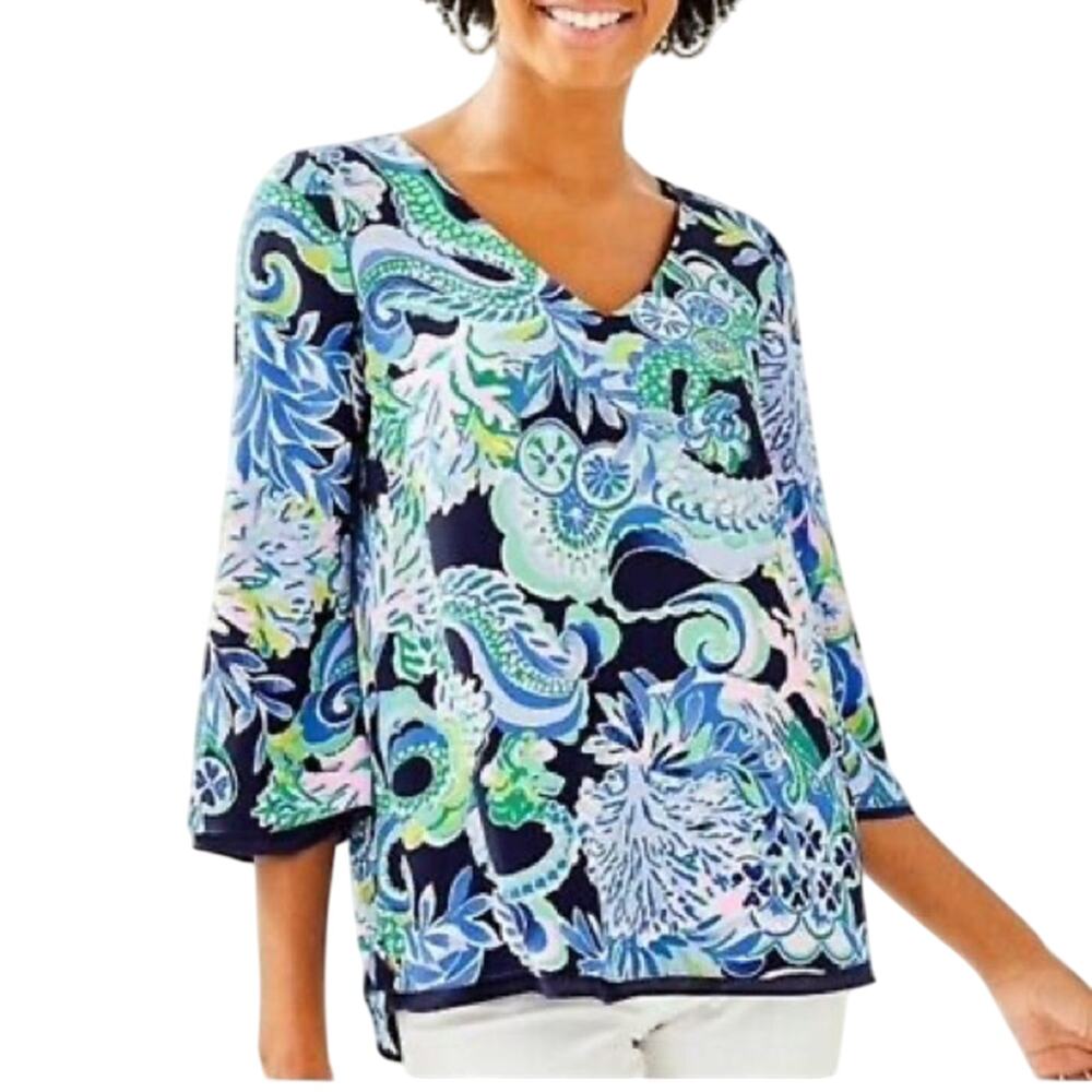 Lilly Pulitzer Ladies Blue & White Floral Paisley Florin Reversible Blouse, NWT